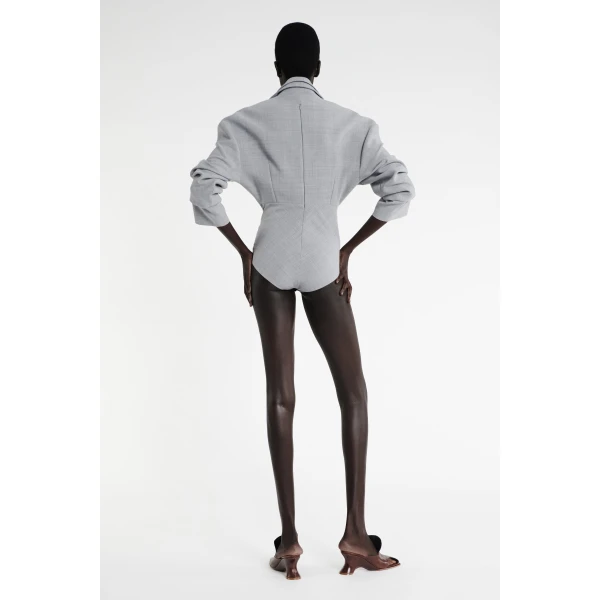 A.W.A.K.E. MODE Tailored Bodysuit With Shirt Collar Insert Grey Melange - Bodysuit - Conceptual Avant-Garde Fashion at Luxury Shoes 