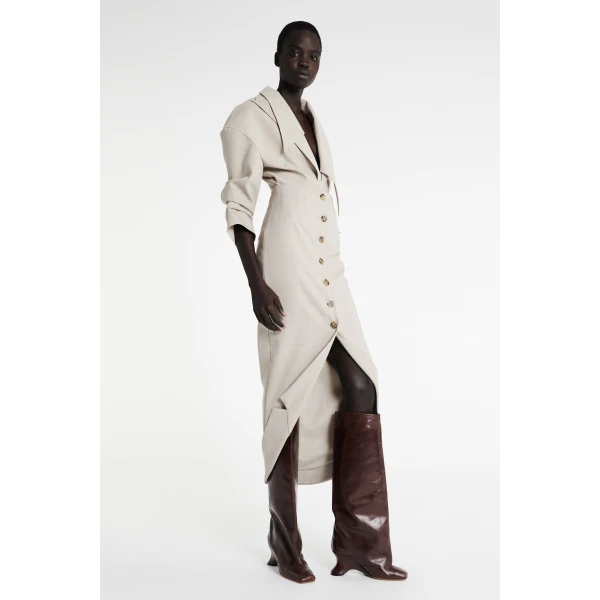A.W.A.K.E. MODE Tailored Skirt With Jacket Collar At Hem Beige Melange - Skirts - Conceptual Avant-Garde Fashion at Luxury Shoes 