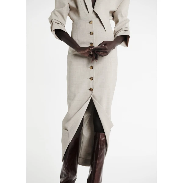 A.W.A.K.E. MODE Tailored Skirt With Jacket Collar At Hem Beige Melange - Skirts - Conceptual Avant-Garde Fashion at Luxury Shoes 