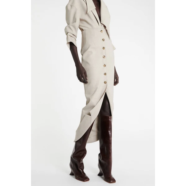 A.W.A.K.E. MODE Tailored Skirt With Jacket Collar At Hem Beige Melange - Skirts - Conceptual Avant-Garde Fashion at Luxury Shoes 