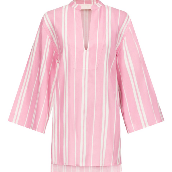 Destree Pink Striped Cotton Tunic With Split Neckline And Wide Sleeves - Destree - Graphic Parisian Fashion - Shop at Luxury Shoes 