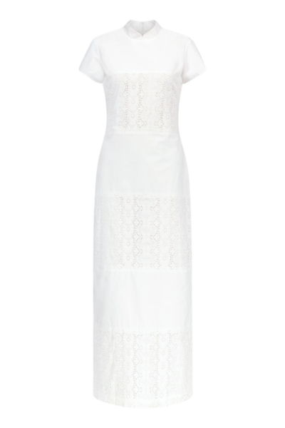 Destree White Embroidered Cotton Poplin Long Dress With Mandarin Collar - Destree - Graphic Parisian Fashion - Shop at Luxury Shoes 