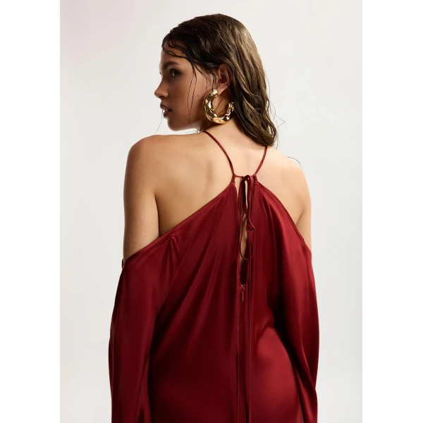 Essentiel Antwerp Burgundy Halterneck Maxi Dress With Waterfall Sides - Essentiel Antwerp Dresses - Colorful Belgian Design - Shop at Luxury Shoes 