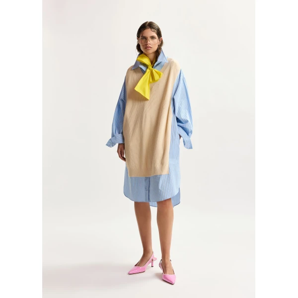 Essentiel Antwerp Cream And Light Blue Knit-Panel Oversized Shirt Dress - Essentiel Antwerp Dresses - Colorful Belgian Design - Shop at Luxury Shoes 