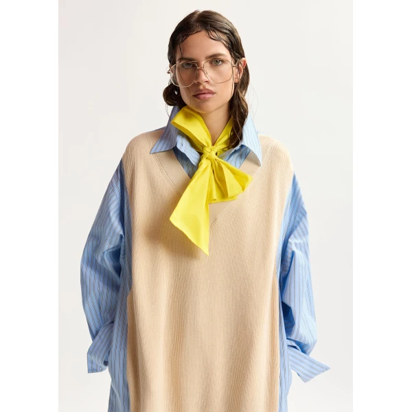 Essentiel Antwerp Cream And Light Blue Knit-Panel Oversized Shirt Dress - Essentiel Antwerp Dresses - Colorful Belgian Design - Shop at Luxury Shoes 