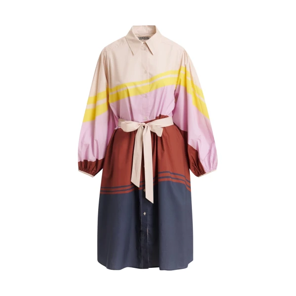 Essentiel Antwerp Cream And Multicolor Oversized Cotton Shirt Dress With Placed Stripe Print - Essentiel Antwerp Dresses - Colorful Belgian Design - Shop at Luxury Shoes 
