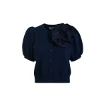Essentiel Antwerp Dark Blue Fine Knit Cardigan With Oversized Flower Brooch - Essentiel Antwerp Knitwear - Colorful Belgian Design - Shop at Luxury Shoes 