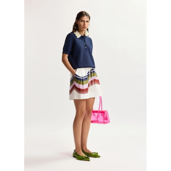 Essentiel Antwerp Dark Blue Fine Knit Polo Top With White And Yellow Floral Embellished Collar - Essentiel Antwerp Tops - Colorful Belgian Design - Shop at Luxury Shoes 
