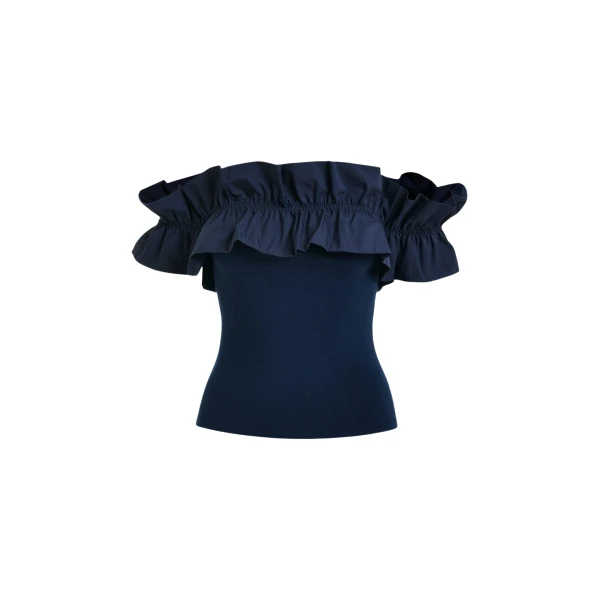Essentiel Antwerp Dark Blue Off-Shoulder Knit Top With Ruffle Trim - Essentiel Antwerp Tops - Colorful Belgian Design - Shop at Luxury Shoes 