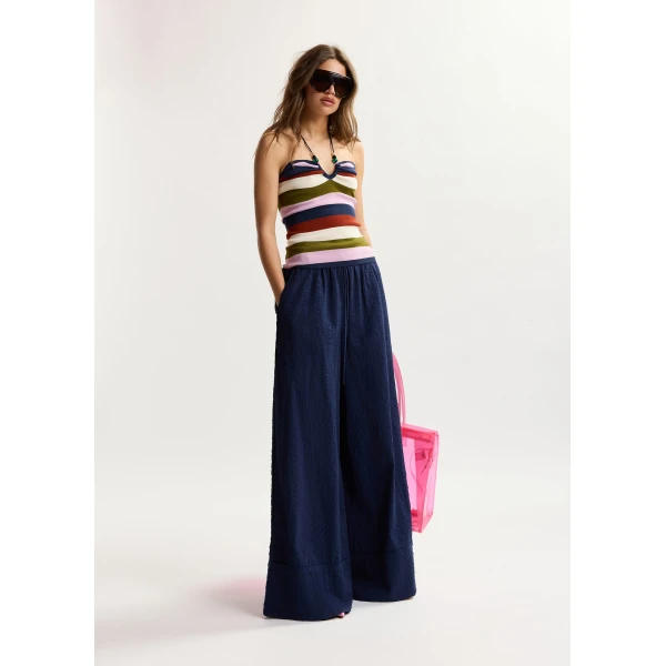 Essentiel Antwerp Dark Blue Wide-Leg Pants With Contrast Stitching - Essentiel Antwerp Pants - Colorful Belgian Design - Shop at Luxury Shoes 