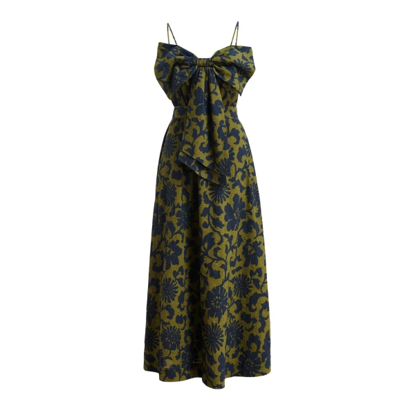 Essentiel Antwerp Green And Dark Blue Floral Print Babydoll Midi Dress With Bow Detail - Essentiel Antwerp Dresses - Colorful Belgian Design - Shop at Luxury Shoes 