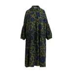 Essentiel Antwerp Green And Dark Blue Floral Print Shirt Dress With Pleated Waist - Essentiel Antwerp Dresses - Colorful Belgian Design - Shop at Luxury Shoes 