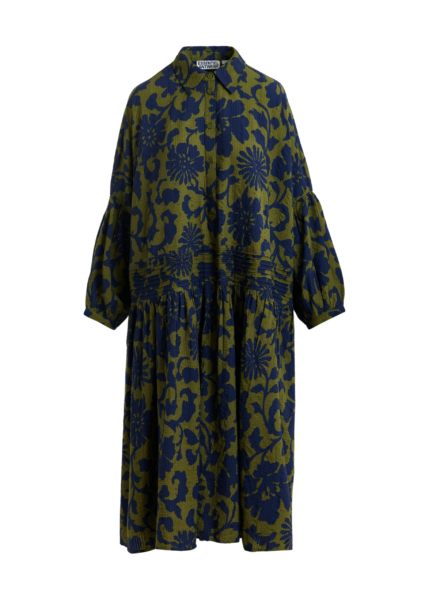 Essentiel Antwerp Green And Dark Blue Floral Print Shirt Dress With Pleated Waist - Essentiel Antwerp Dresses - Colorful Belgian Design - Shop at Luxury Shoes 