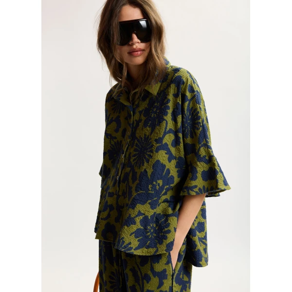 Essentiel Antwerp Green And Dark Blue Peplum Cotton Shirt With Contrasting Collar - Essentiel Antwerp Tops - Colorful Belgian Design - Shop at Luxury Shoes 