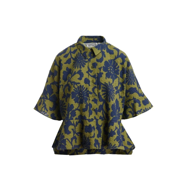 Essentiel Antwerp Green And Dark Blue Peplum Cotton Shirt With Contrasting Collar - Essentiel Antwerp Tops - Colorful Belgian Design - Shop at Luxury Shoes 