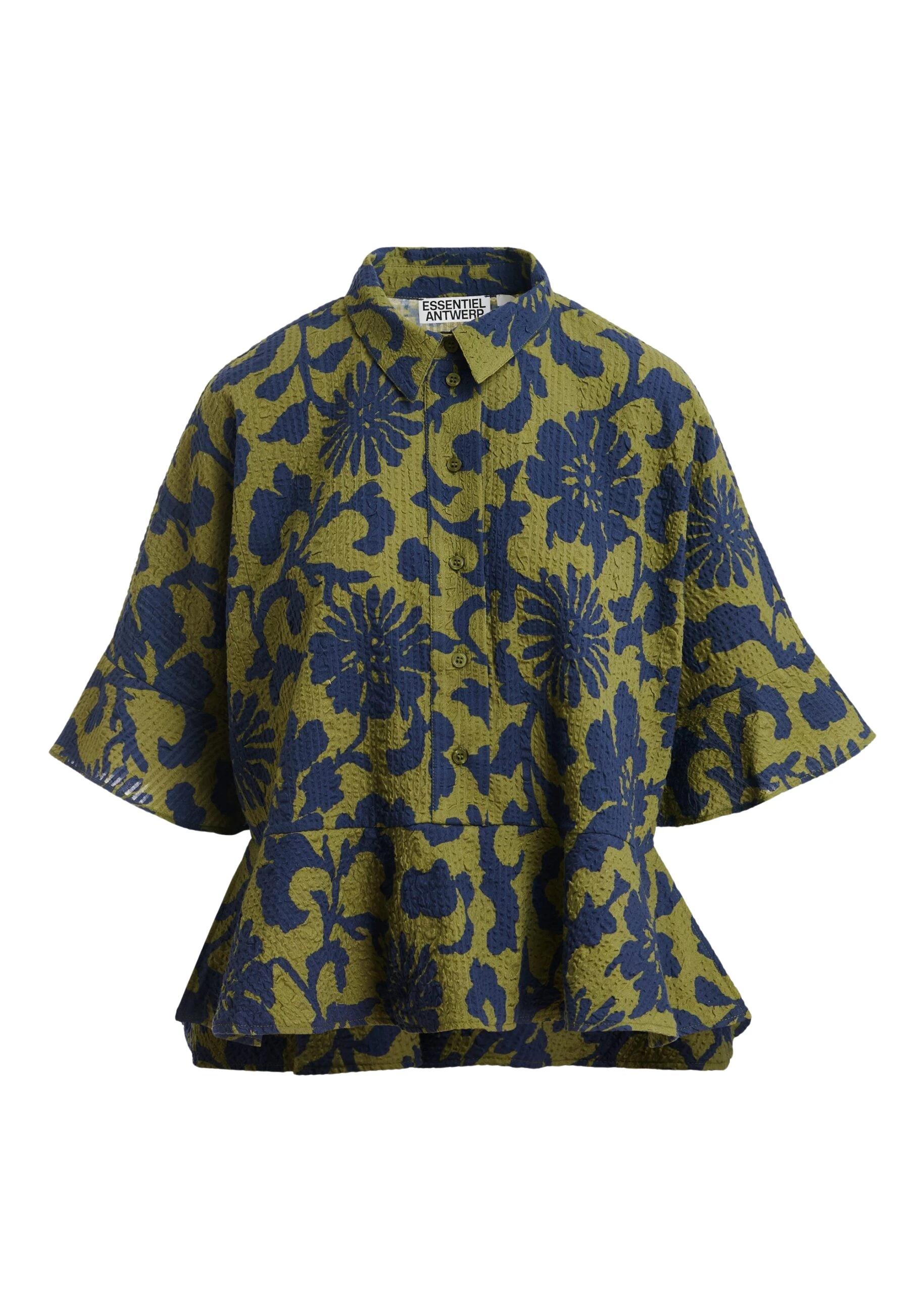 Essentiel-Antwerp-Green-And-Dark-Blue-Peplum-Cotton-Shirt-With-Contrasting-Collar-scaled39973_nobg Essentiel Antwerp Green And Dark Blue Peplum Cotton Shirt With Contrasting Collar - Essentiel Antwerp Tops - Colorful Belgian Design - Shop at Luxury Shoes