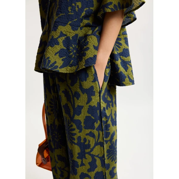 Essentiel Antwerp Green And Dark Blue Wide-Leg Pants With Contrast Stitching - Essentiel Antwerp Pants - Colorful Belgian Design - Shop at Luxury Shoes 