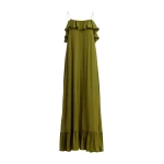 Essentiel Antwerp Green Maxi Dress With Ruffled Neckline And Tie-Back Detail - Essentiel Antwerp Dresses - Colorful Belgian Design - Shop at Luxury Shoes 
