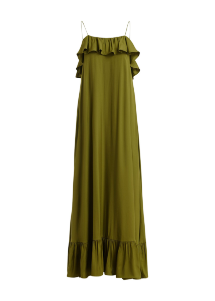 Essentiel Antwerp Green Maxi Dress With Ruffled Neckline And Tie-Back Detail - Essentiel Antwerp Dresses - Colorful Belgian Design - Shop at Luxury Shoes 