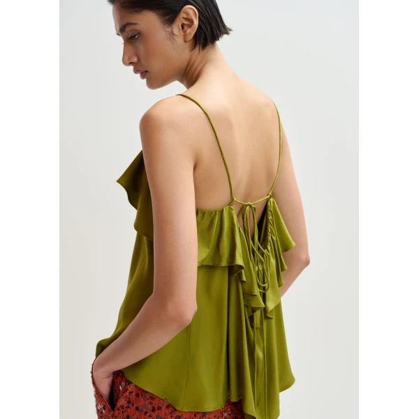 Essentiel Antwerp Green Ruffled Camisole Top With Tie-Back Detail - Essentiel Antwerp Tops - Colorful Belgian Design - Shop at Luxury Shoes 