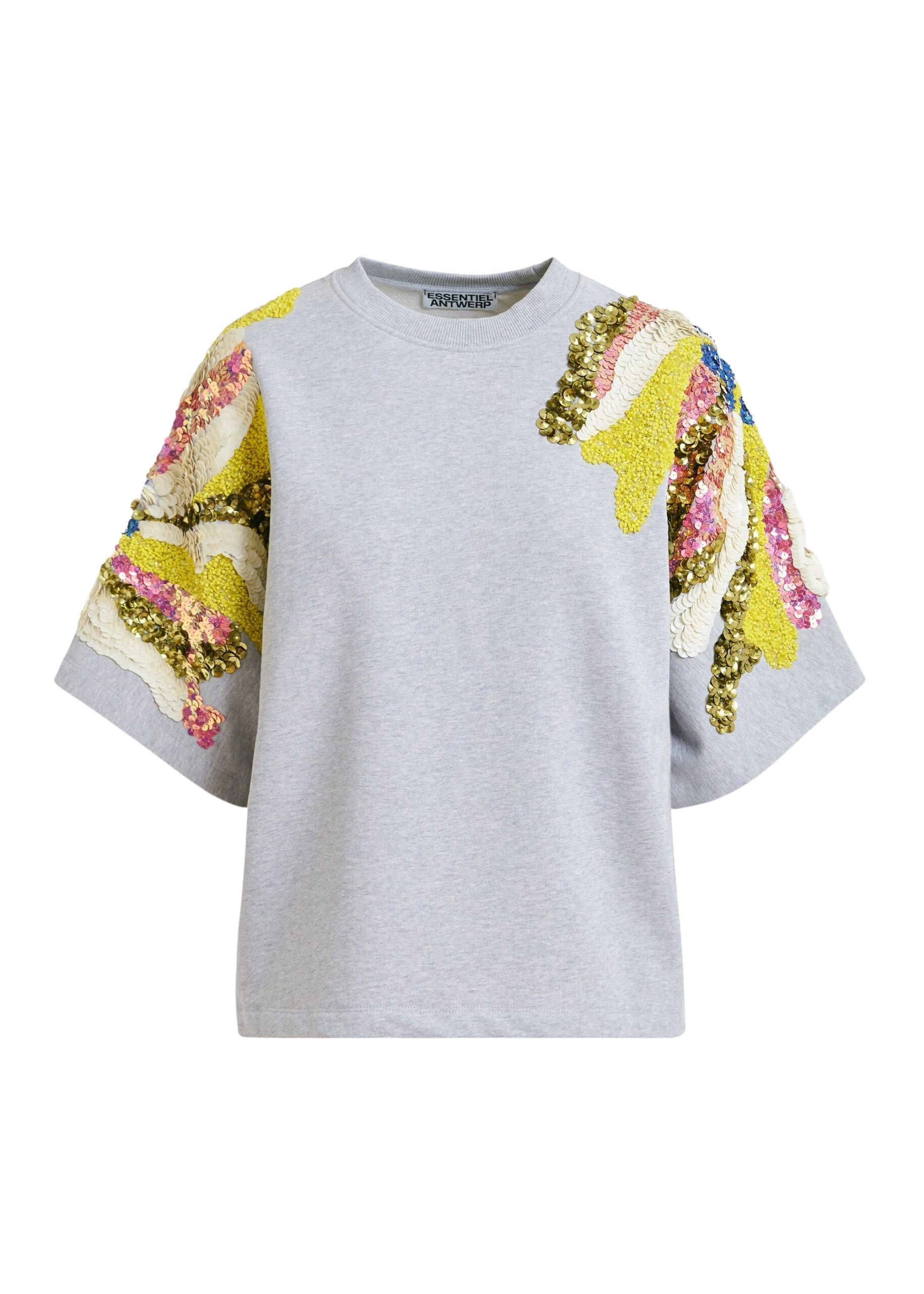 Essentiel-Antwerp-Grey-Cotton-Sweatshirt-With-Multicolor-Sequin-And-Bead-Embellishments-scaled60949_nobg Essentiel Antwerp Grey Cotton Sweatshirt With Multicolor Sequin And Bead Embellishments - Essentiel Antwerp Knitwear - Colorful Belgian Design - Shop at Luxury Shoes