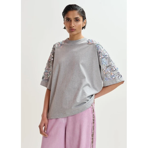 Essentiel Antwerp Grey Cotton T-Shirt With Sequin And Bead Embellishments - Essentiel Antwerp Tops - Colorful Belgian Design - Shop at Luxury Shoes 