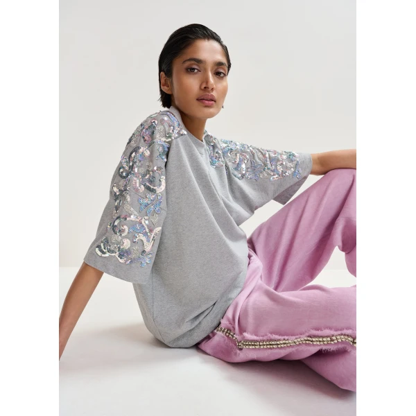 Essentiel Antwerp Grey Cotton T-Shirt With Sequin And Bead Embellishments - Essentiel Antwerp Tops - Colorful Belgian Design - Shop at Luxury Shoes 