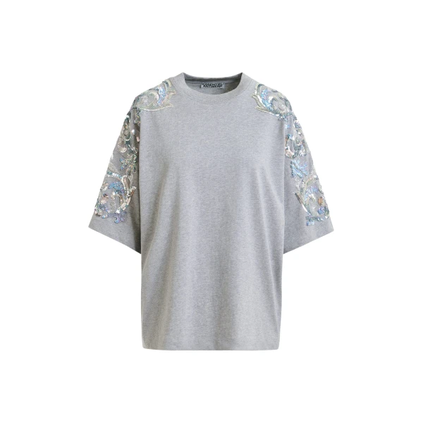 Essentiel Antwerp Grey Cotton T-Shirt With Sequin And Bead Embellishments - Essentiel Antwerp Tops - Colorful Belgian Design - Shop at Luxury Shoes 