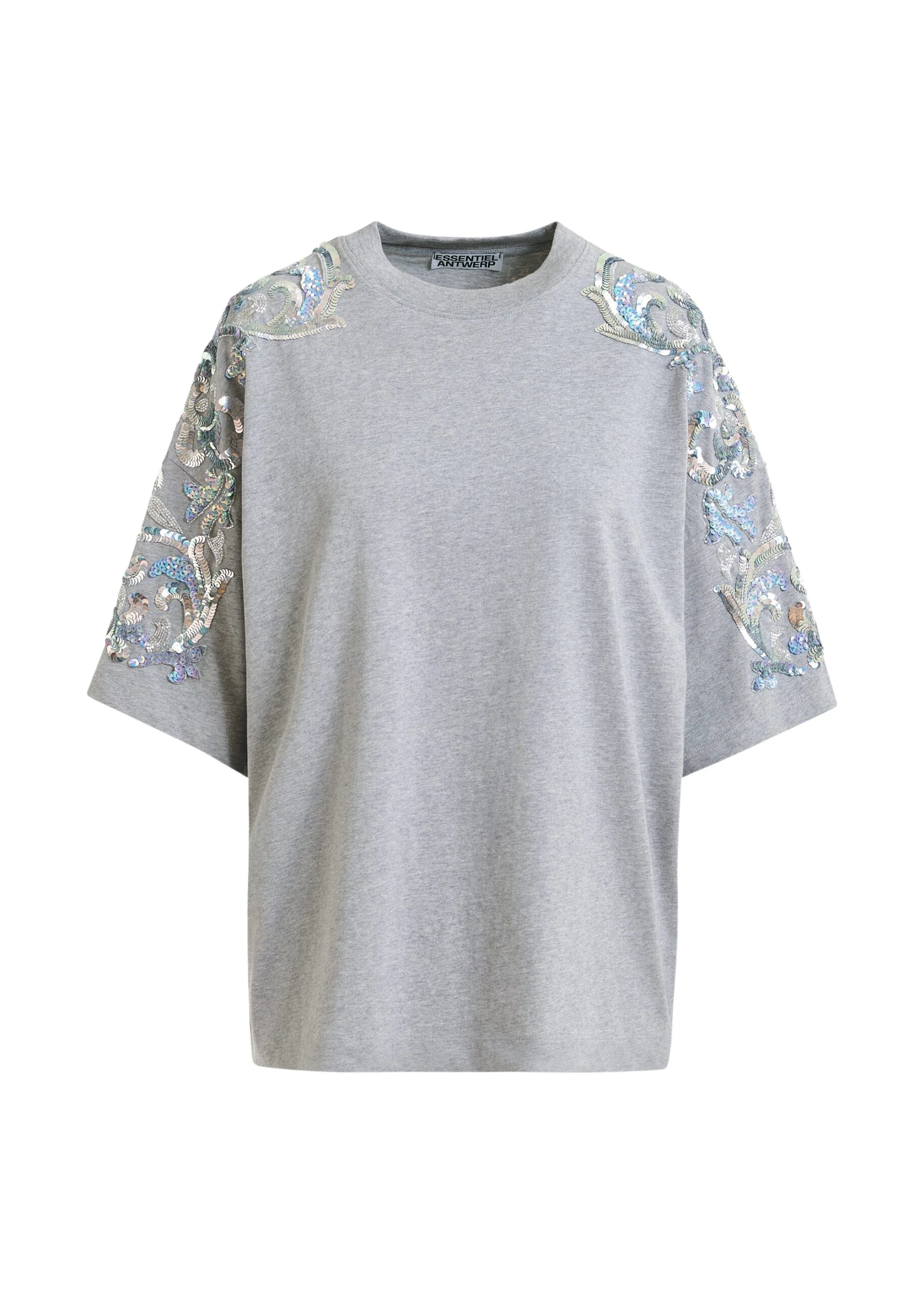 Essentiel-Antwerp-Grey-Cotton-T-Shirt-With-Sequin-And-Bead-Embellishments-scaled46772_nobg Essentiel Antwerp Grey Cotton T-Shirt With Sequin And Bead Embellishments - Essentiel Antwerp Tops - Colorful Belgian Design - Shop at Luxury Shoes