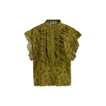 Essentiel Antwerp Khaki Broderie Anglaise Cotton Blouse With Ruffled Trims - Essentiel Antwerp Tops - Colorful Belgian Design - Shop at Luxury Shoes 