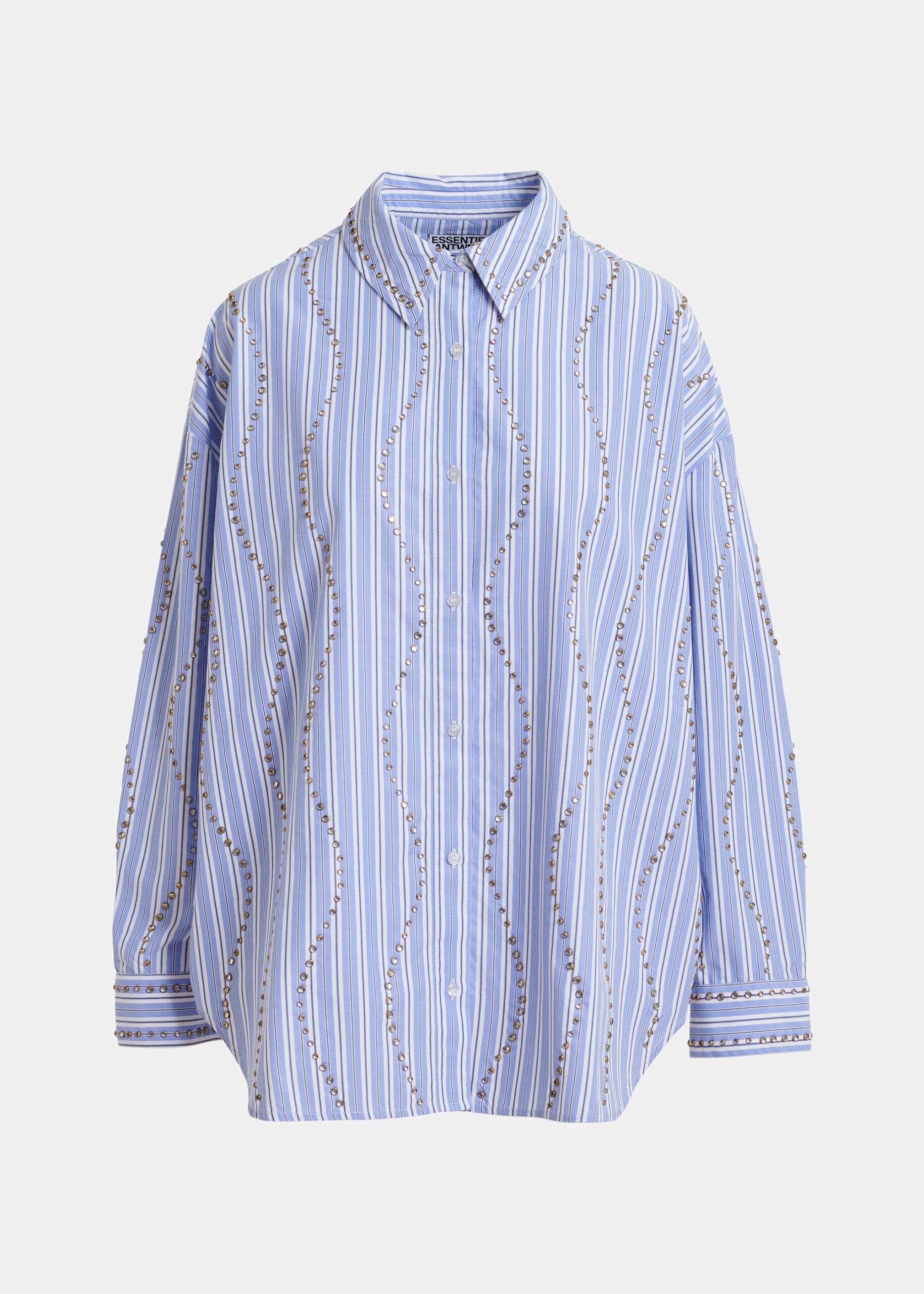 Essentiel Antwerp Australia Signature – Luxury Shoes Essentiel Antwerp Light Blue And White Striped Oversized Shirt With Stud Embellishments - Essentiel Antwerp Tops - Colorful Belgian Design - Shop at Luxury Shoes