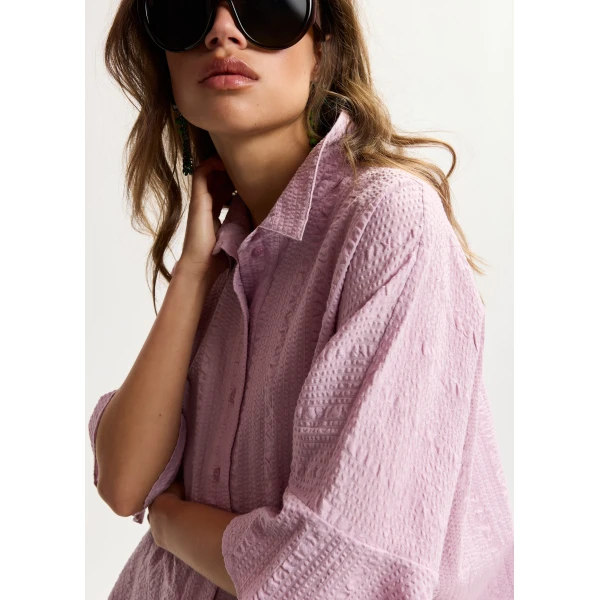 Essentiel Antwerp Light Pink Peplum Cotton Shirt With Contrasting Collar - Essentiel Antwerp Tops - Colorful Belgian Design - Shop at Luxury Shoes 