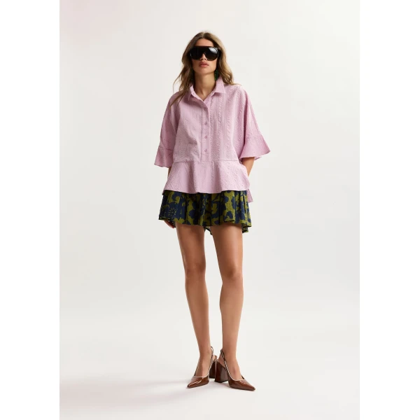 Essentiel Antwerp Light Pink Peplum Cotton Shirt With Contrasting Collar - Essentiel Antwerp Tops - Colorful Belgian Design - Shop at Luxury Shoes 