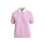 Essentiel Antwerp Lilac Fine Knit Polo Top With White And Yellow Floral Embellished Collar - Essentiel Antwerp Tops - Colorful Belgian Design - Shop at Luxury Shoes 