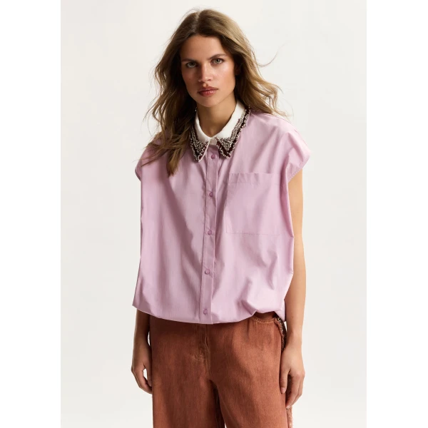 Essentiel Antwerp Lilac Sleeveless Cotton Shirt With Embellished Collar - Essentiel Antwerp Tops - Colorful Belgian Design - Shop at Luxury Shoes 