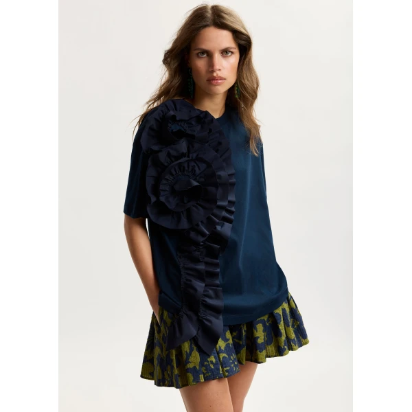 Essentiel Antwerp Navy Cotton T-Shirt With Oversized Floral Ruffle Detail - Essentiel Antwerp Tops - Colorful Belgian Design - Shop at Luxury Shoes 