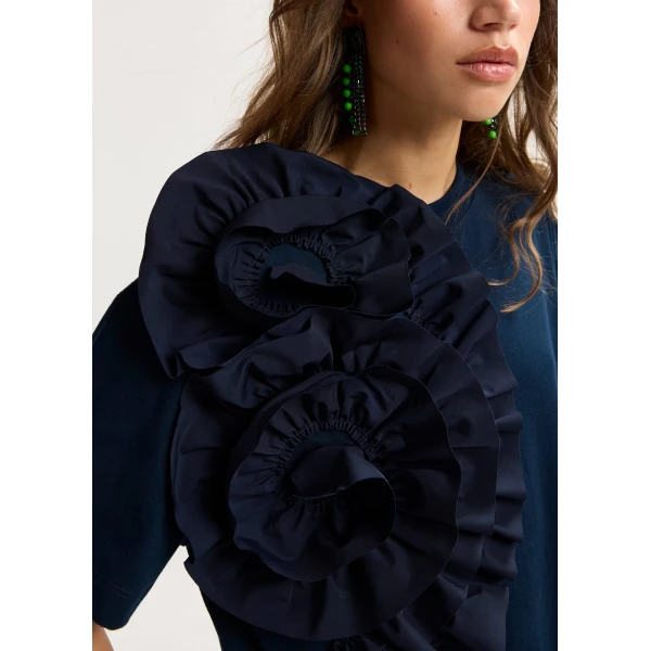 Essentiel Antwerp Navy Cotton T-Shirt With Oversized Floral Ruffle Detail - Essentiel Antwerp Tops - Colorful Belgian Design - Shop at Luxury Shoes 