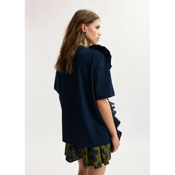 Essentiel Antwerp Navy Cotton T-Shirt With Oversized Floral Ruffle Detail - Essentiel Antwerp Tops - Colorful Belgian Design - Shop at Luxury Shoes 