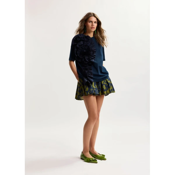 Essentiel Antwerp Navy Cotton T-Shirt With Oversized Floral Ruffle Detail - Essentiel Antwerp Tops - Colorful Belgian Design - Shop at Luxury Shoes 