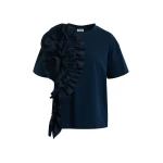 Essentiel Antwerp Navy Cotton T-Shirt With Oversized Floral Ruffle Detail - Essentiel Antwerp Tops - Colorful Belgian Design - Shop at Luxury Shoes 