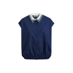 Essentiel Antwerp Navy Sleeveless Cotton Shirt With Embellished Collar - Essentiel Antwerp Tops - Colorful Belgian Design - Shop at Luxury Shoes 