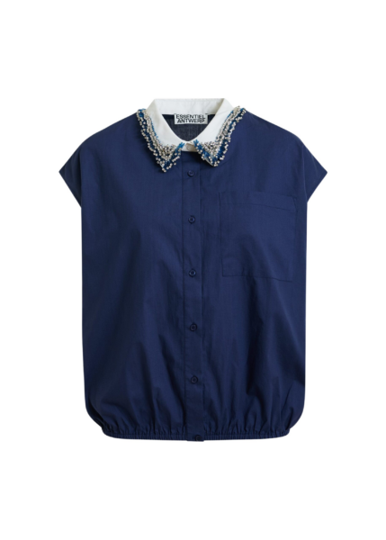 Essentiel Antwerp Navy Sleeveless Cotton Shirt With Embellished Collar - Essentiel Antwerp Tops - Colorful Belgian Design - Shop at Luxury Shoes 