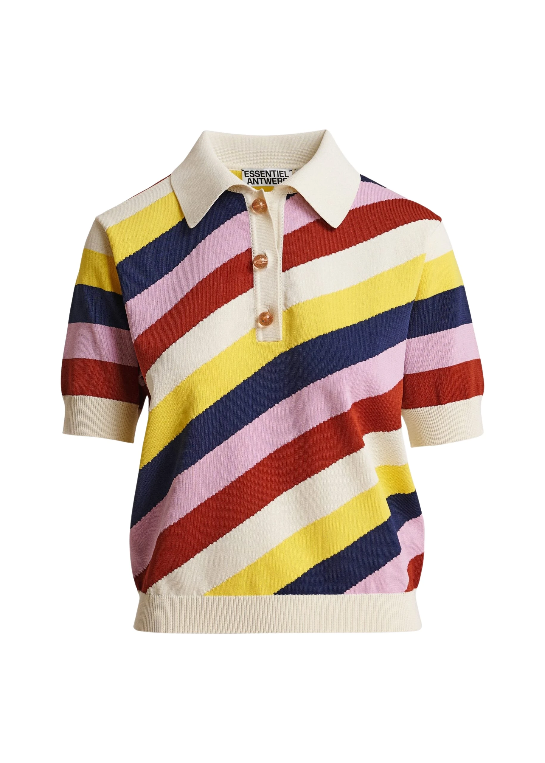 Essentiel-Antwerp-Off-White-And-Multicolor-Striped-Knit-Polo-With-Constrasting-Buttons-scaled60284_nobg Essentiel Antwerp Off-White And Multicolor Striped Knit Polo With Constrasting Buttons - Essentiel Antwerp Tops - Colorful Belgian Design - Shop at Luxury Shoes