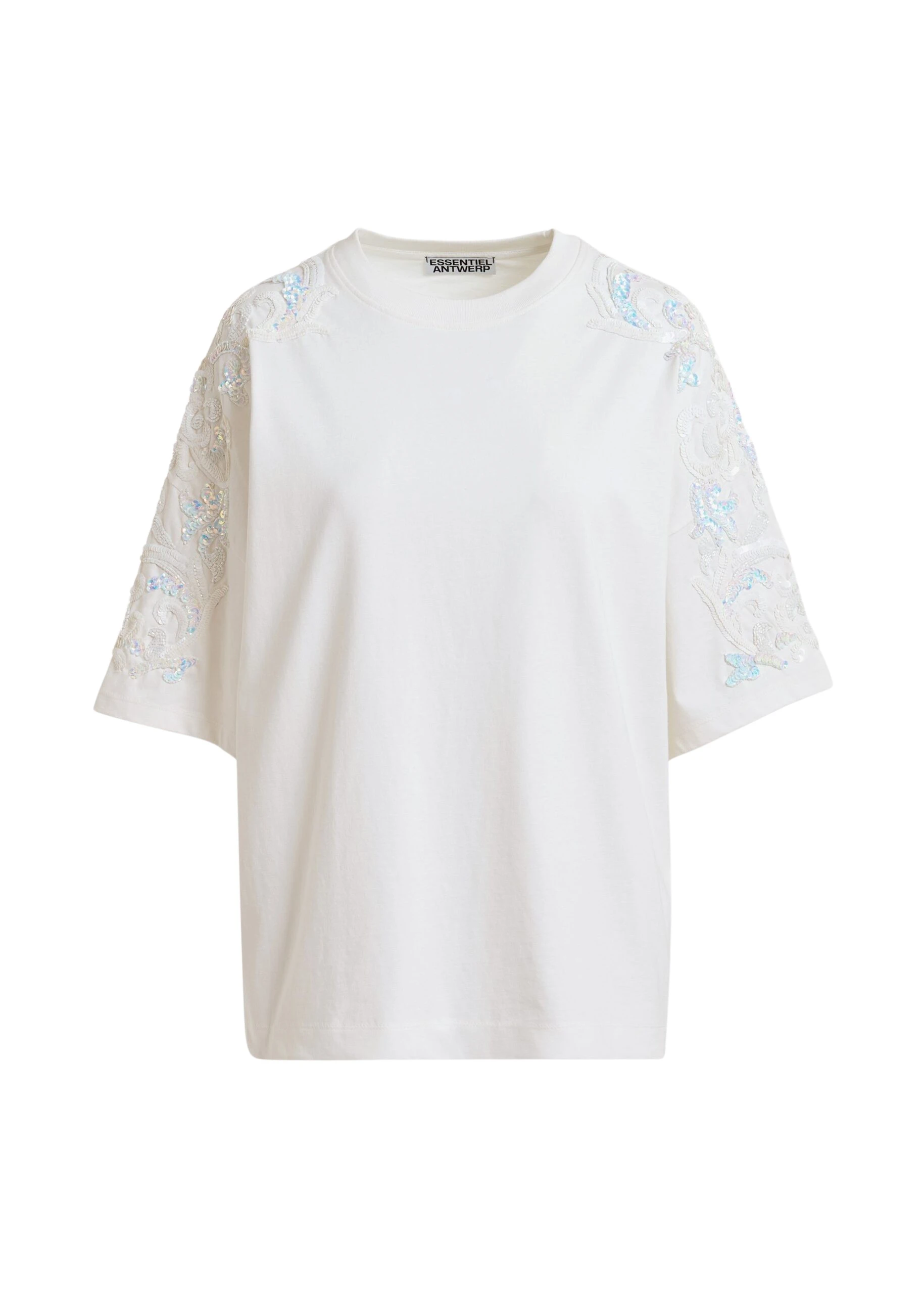Essentiel-Antwerp-Off-White-Cotton-T-Shirt-With-Sequin-And-Bead-Embellishments-scaled73473_nobg Essentiel Antwerp Off-White Cotton T-Shirt With Sequin And Bead Embellishments - Essentiel Antwerp Tops - Colorful Belgian Design - Shop at Luxury Shoes