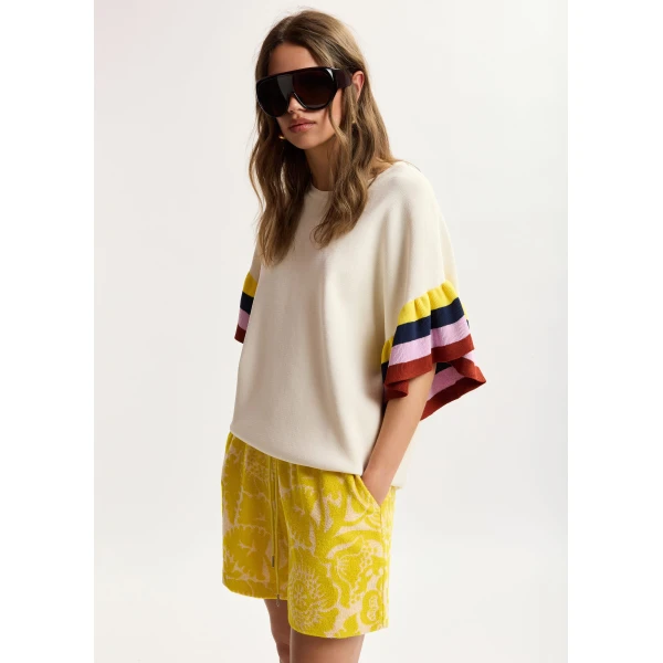 Essentiel Antwerp Off-White Knitted Top With Multicolored Striped Layered Sleeves - Essentiel Antwerp Tops - Colorful Belgian Design - Shop at Luxury Shoes 