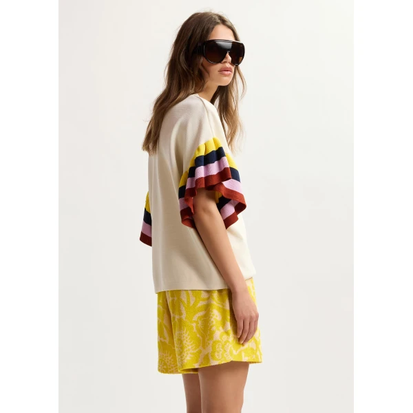 Essentiel Antwerp Off-White Knitted Top With Multicolored Striped Layered Sleeves - Essentiel Antwerp Tops - Colorful Belgian Design - Shop at Luxury Shoes 