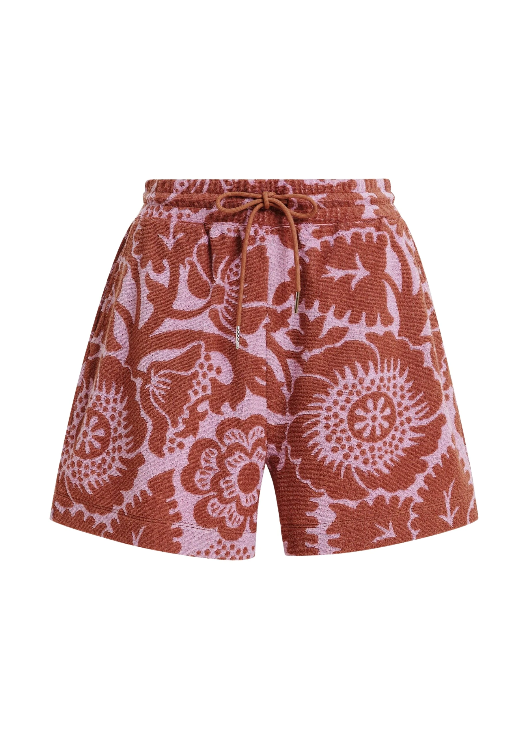Essentiel-Antwerp-Pink-And-Brown-Floral-Jacquard-Cotton-Blend-Shorts-With-Drawstring-Waist-scaled86558_nobg Essentiel Antwerp Pink And Brown Floral Jacquard Cotton-Blend Shorts With Drawstring Waist - Essentiel Antwerp Shorts - Colorful Belgian Design - Shop at Luxury Shoes