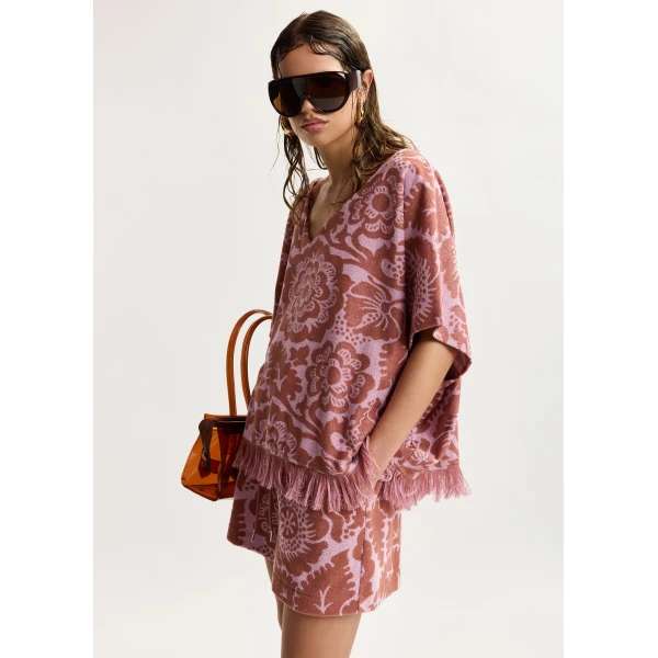 Essentiel Antwerp Pink And Brown Textured Floral Jacquard Cotton-Blend Top With Fringed Trims - Essentiel Antwerp Tops - Colorful Belgian Design - Shop at Luxury Shoes 