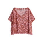 Essentiel Antwerp Pink And Brown Textured Floral Jacquard Cotton-Blend Top With Fringed Trims - Essentiel Antwerp Tops - Colorful Belgian Design - Shop at Luxury Shoes 