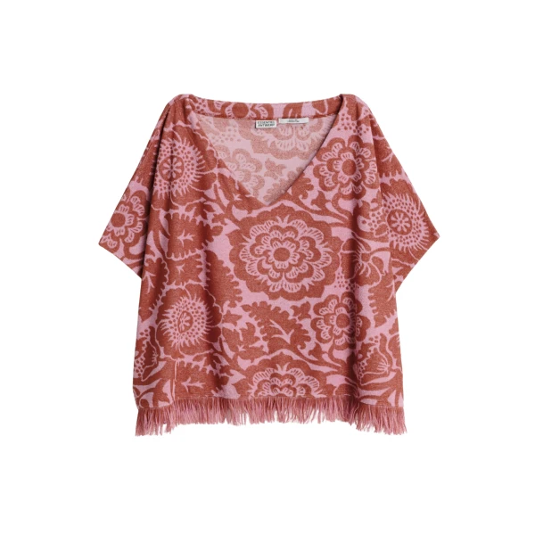 Essentiel Antwerp Pink And Brown Textured Floral Jacquard Cotton-Blend Top With Fringed Trims - Essentiel Antwerp Tops - Colorful Belgian Design - Shop at Luxury Shoes 